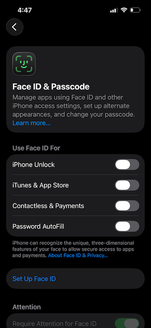 A screenshot of the settings app of an iPhone. The section is called "Allow Access When Locked". The toggles for Control Center, Siri, and Wallet are in the off position.
