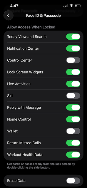 A screenshot of the settings app of an iPhone. There are four FaceID options that are all off. FaceID has not been set up on this iPhone
